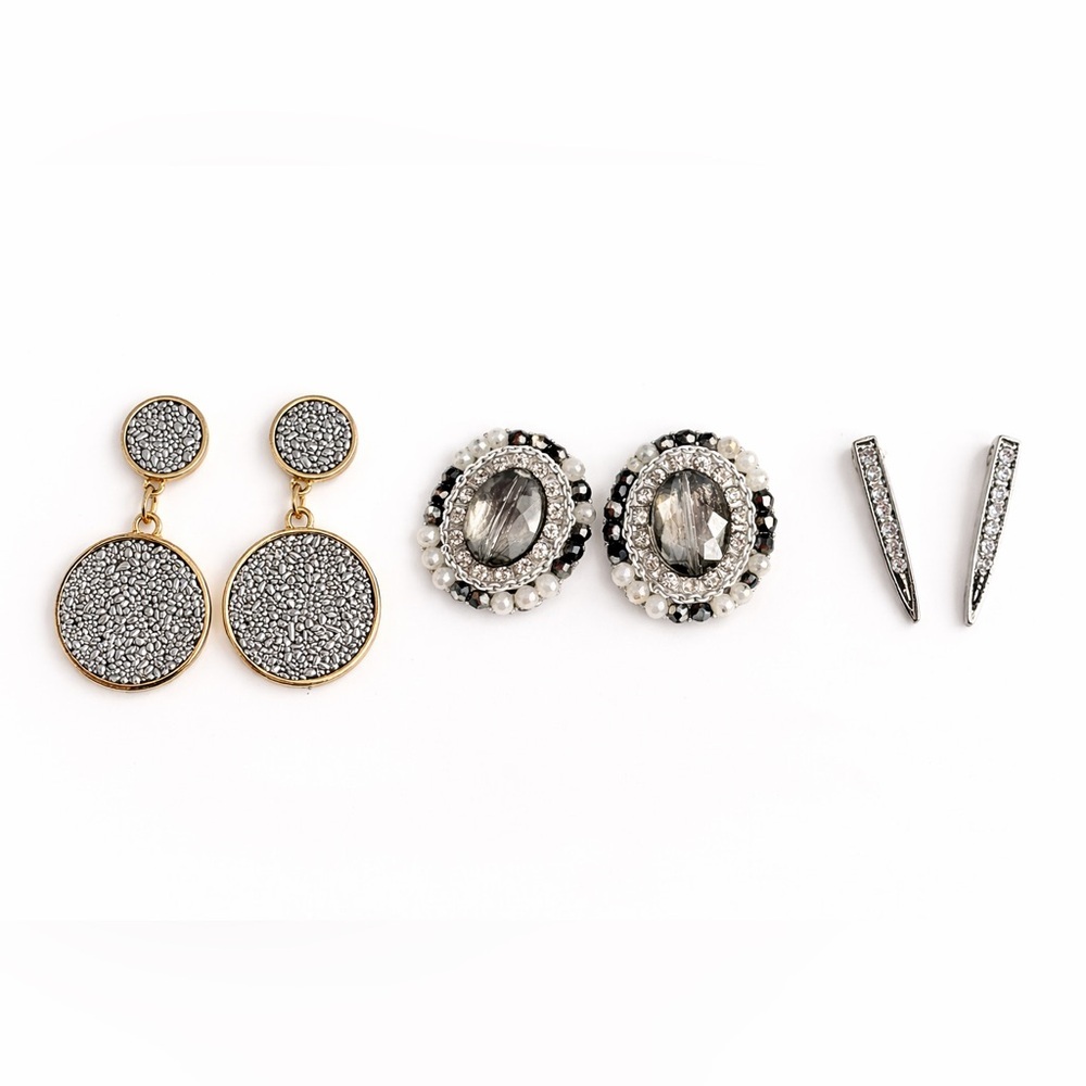 Statement Earring Bundle of 3 | Druzy Drops + Crystal Studs + Bar Earrings - Picture 1 of 7